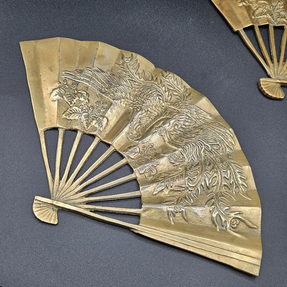 Vintage ENESCO Solid Brass Phoenix Fan Wall Art Set of 2 Taiwan Chinoiserie
